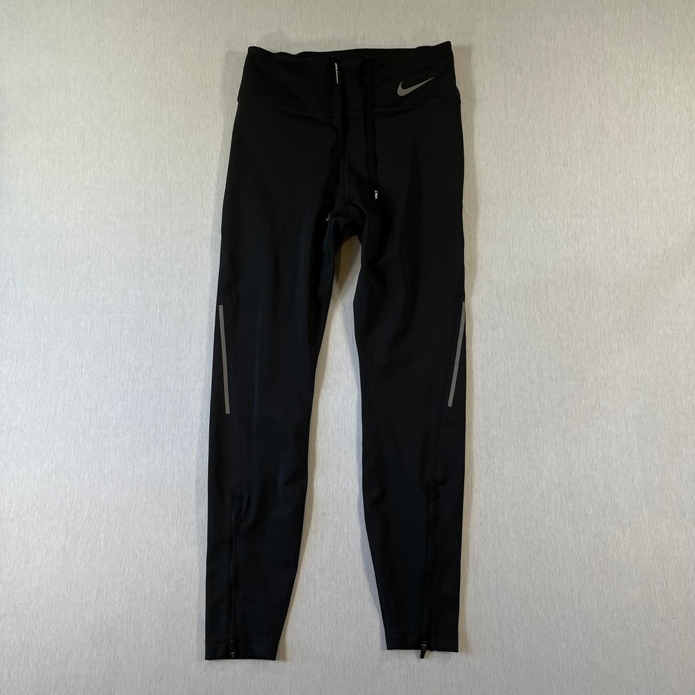 Nike Running Dri-FIT Black Leggings Small Zip Ankle Reflective Tights Stretch